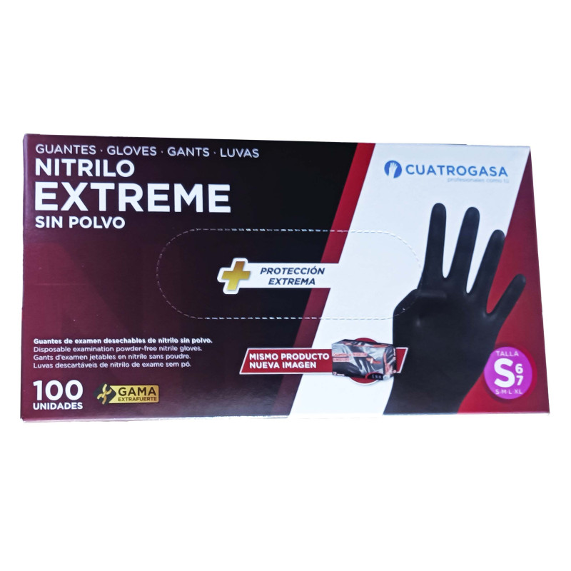 LUVAS NITRILO EXTREME PRETAS SEM PO S (6-7) CUATROGASA 100UN