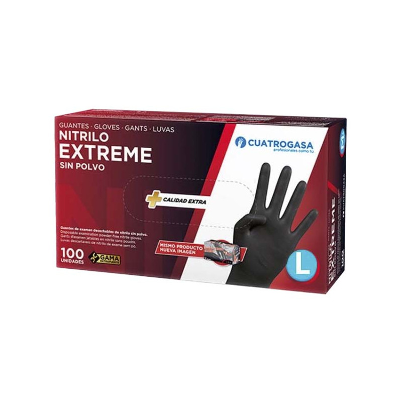LUVAS NITRILO EXTREME PRETAS SEM PO L (8-9) CUATROGASA 100UN